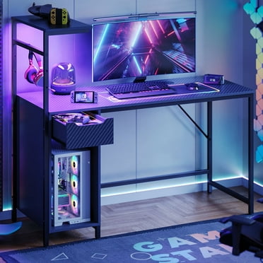 Bestier 48" Computer LED Gaming PC Desk Adjustable Shelf Home Office Table with Storage Drawer, Black