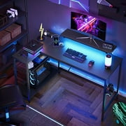 Bestier 48" L Shaped Gaming Desk with LED Lights & Power Outlets, Computer Desk with Monitor Stand, Carbon Fiber