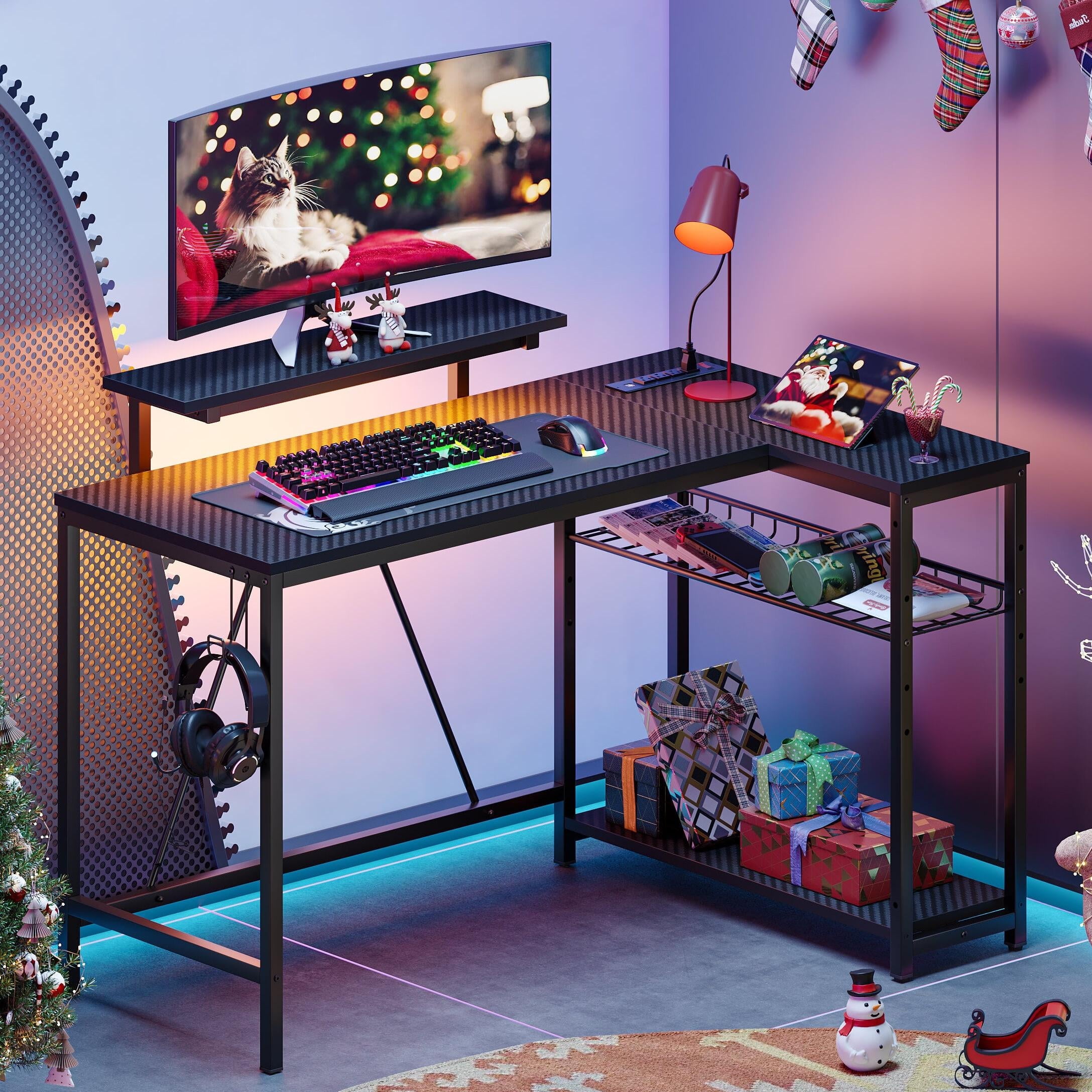 Bestier 48" L Shaped Gaming Desk with LED Lights & Power Outlets, Computer Desk with Monitor Stand, Carbon Fiber