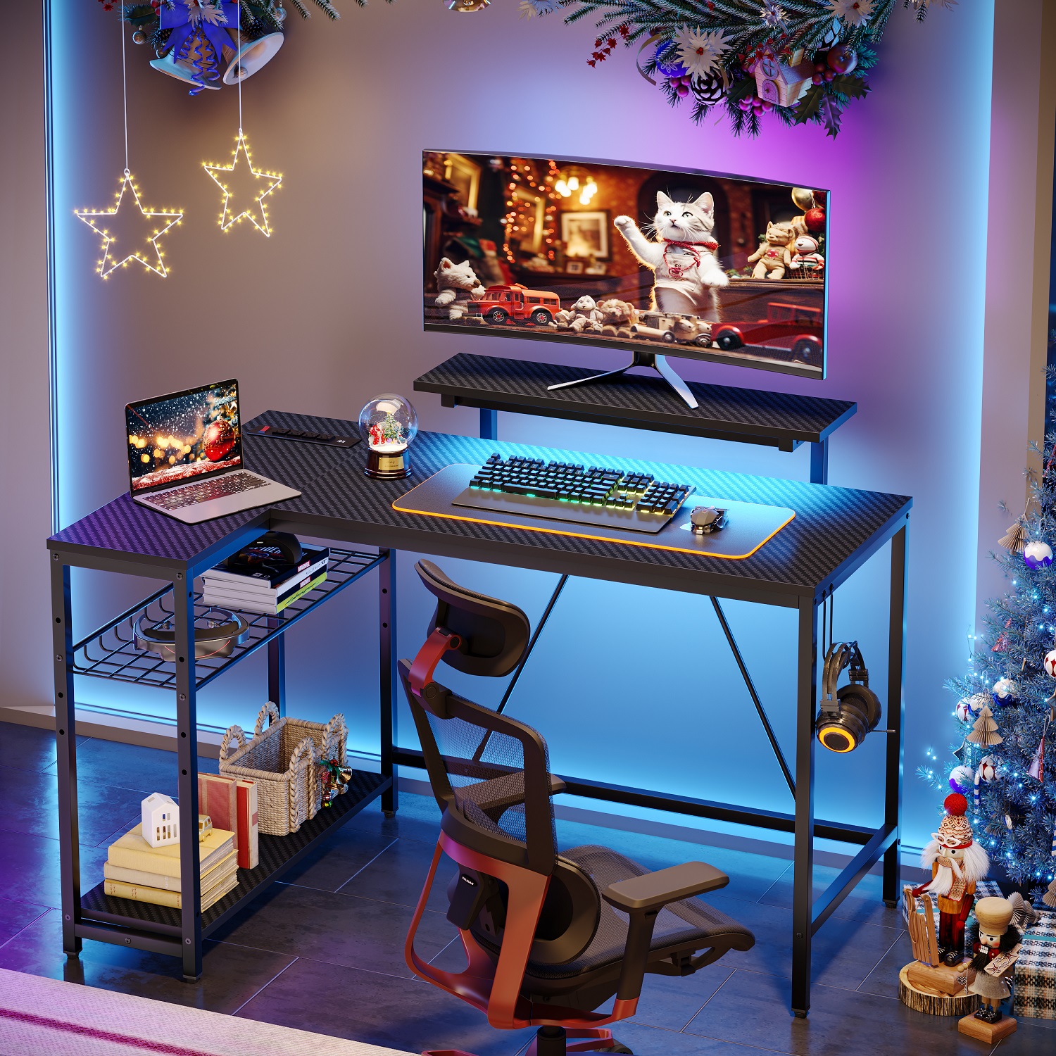 VINEEGO 63 inch Gaming Desk TShaped Legs Carbon Fiber Surface PC