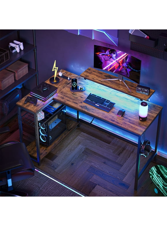 Bestier 48" L Shaped Gaming Desk with LED Lights & Power Outlets, Computer Desk with Monitor Stand, Rustic