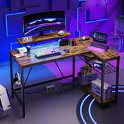 Bestier 48" L Shaped Gaming Desk with LED Lights & Power Outlets, Computer Desk with Monitor Stand, Rustic