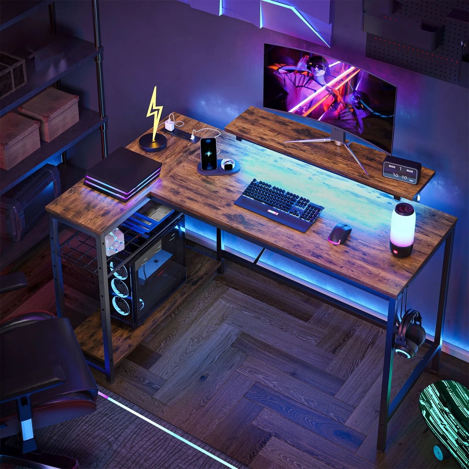 Bestier 48" L Shaped Desk with LED Lights & Power Outlets, Corner Computer Desk with Monitor Stand for Home Office, Rustic