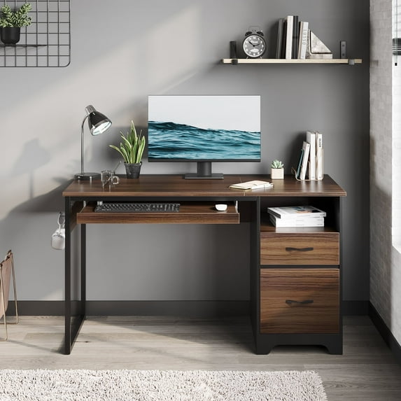 Bestier 48” Office Desk with Drawers, Computer Writing Desk with Keyboard Tray & 2 Hooks for Home Office, Cherry