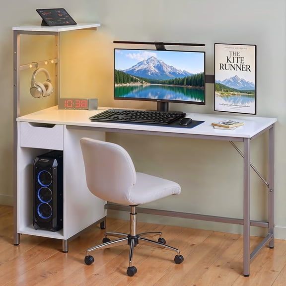 Bestier 48 inch LED Computer Gaming Desk with Drawer, Home Office PC Table with Storage Shelf in White