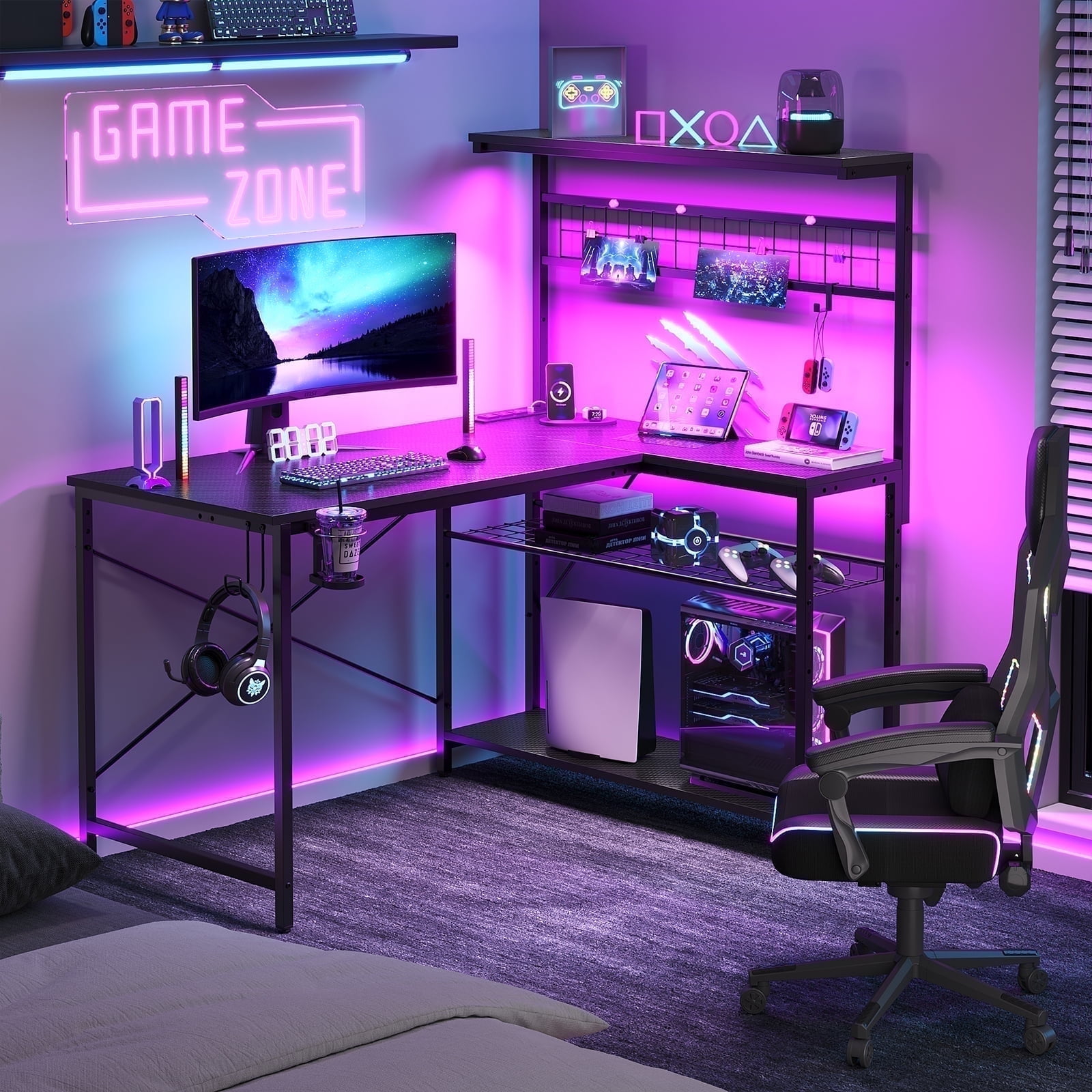 Free Shipping! Bestier 51 L Shaped Gaming Desk with Power Outlets, LED Workstation with 4 Tiers Shelves for Home Office, Gamer Reversible Table with Hooks and Cup Holder,Carbon Fiber Black