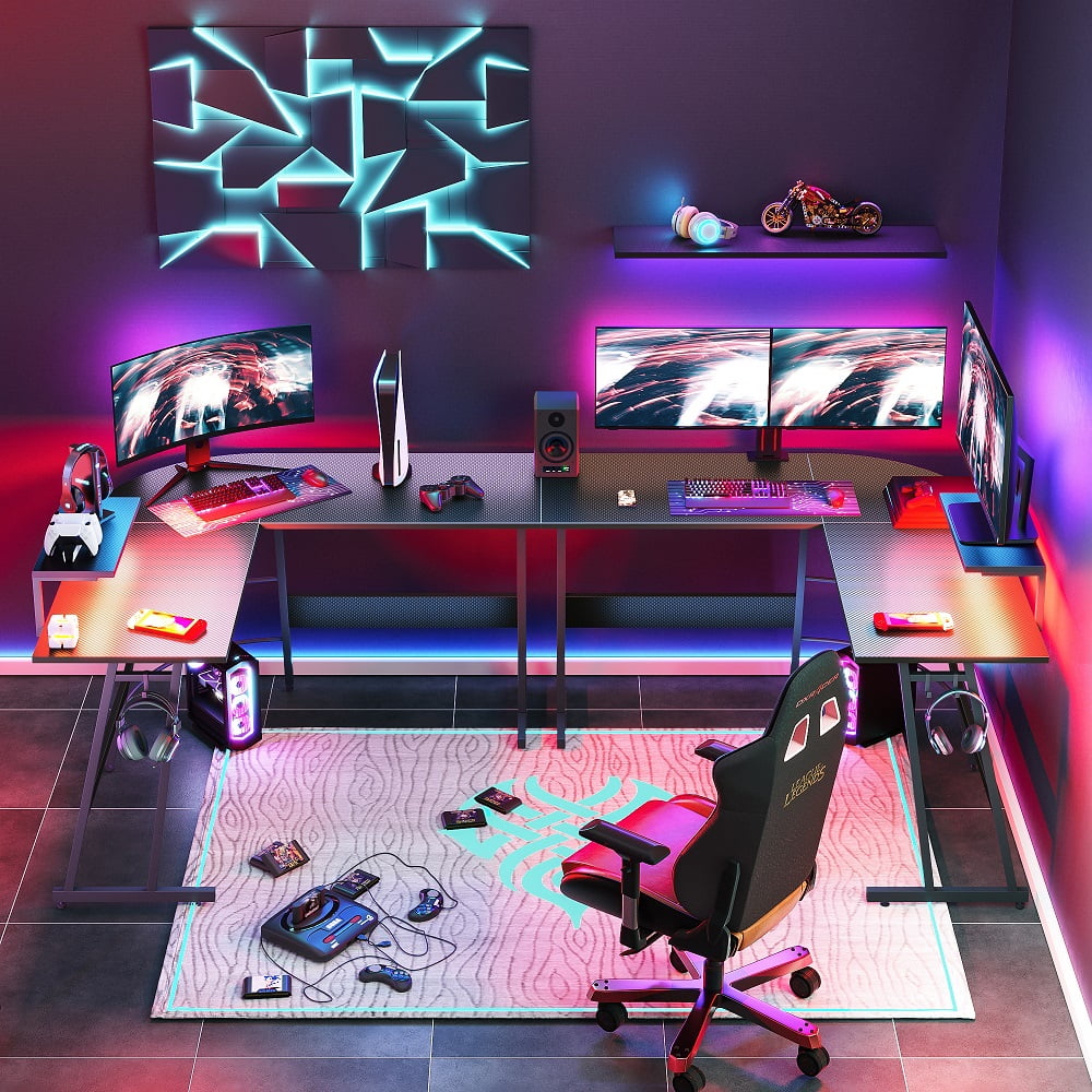 Bestier 51 inch L Shaped Gaming Computer Desk with Monitor Shelf Carbon ...