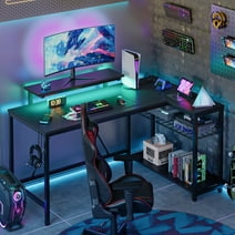 Bestier 52" Gaming Desk with LED Lights L Shaped Desk with Power Outlet & Monitor Stand Corner Computer Desk in Carbon Fiber