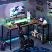 Bestier 52" Gaming Desk with LED Lights L Shaped Desk with Power Outlet & Monitor Stand Corner Computer Desk in Rustic