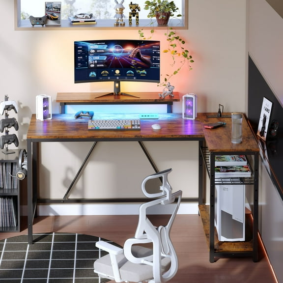 Bestier 52" Computer Desk with LED Lights L Corner Shaped Desk with Power Outlet & Monitor Stand Home Office Desk in Rustic