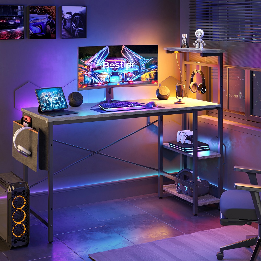 Bestier 52 inch Gaming Computer Desk with LED Lights Reversible Corner