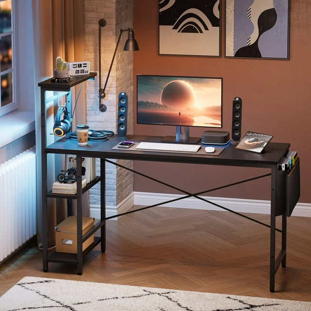 Bestier 52 inch Gaming Desk with LED Lights & Adjustable Storage Shelves,7 Main Color+22 Dynamic Modes LED Computer Desk,Black Platform