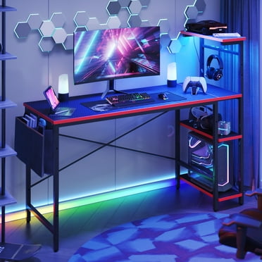 Bestier 52 inch Gaming Computer Desk with LED Lights & Shelves Carbon Fiber, Reversible desk