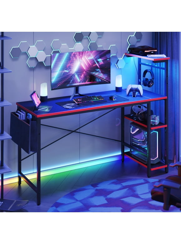 Bestier 52 inch Gaming Computer Desk with LED Lights & Shelves Carbon Fiber, Reversible desk