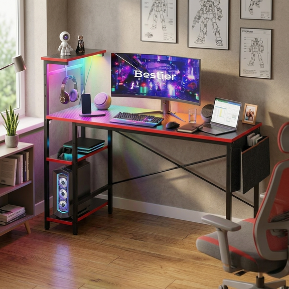 Bestier 52 inch Gaming Desk with LED Lights & Reversible Storage Shelves,LED Gamer Desk for Home and Office,Computer Office Desk with with Side Storage Bag-Carbon Fiber Platform