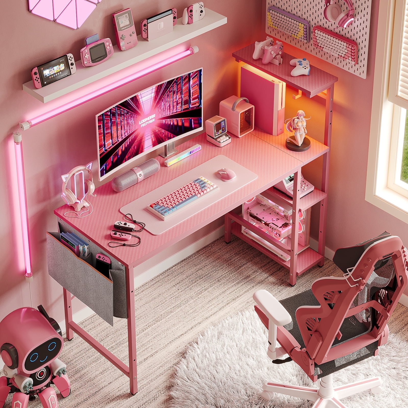 Bestier 52 inch Corner Gamer Desk with LED Lights Shelves Pink Walmart