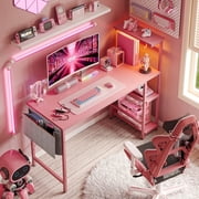 Bestier 52 inch Gaming Desk with LED Lights & Adjustable Storage Shelves,7 Main Color+22 Dynamic Modes LED Computer Desk,Pink Platform