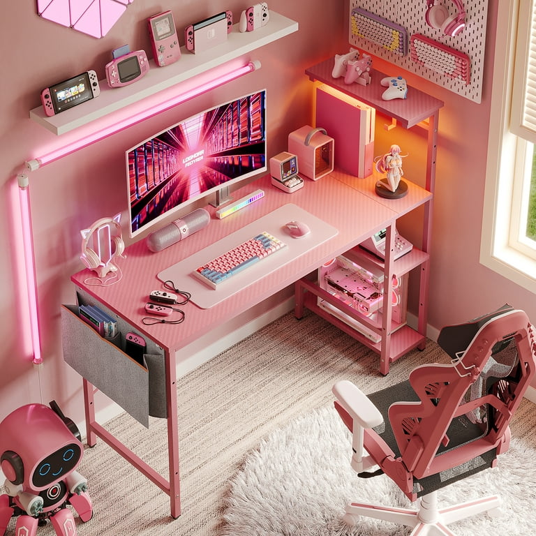 Bestier 52 inch Gaming Computer Desk with LED Lights & Shelves Pink