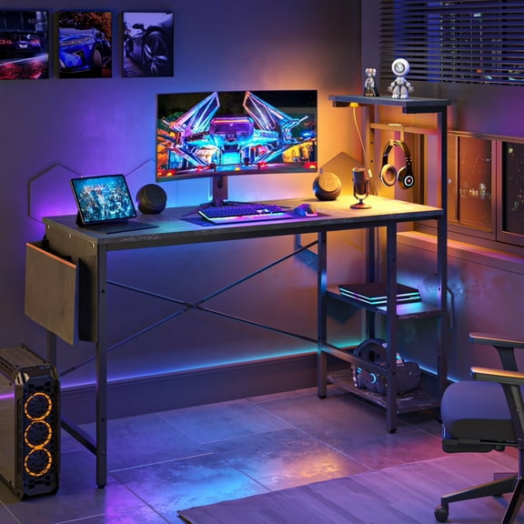 Bestier 52 inch Gaming Desk with LED Lights & Adjustable Storage Shelves,7 Main Color+22 Dynamic Modes LED Computer Desk,Black Marble Platform