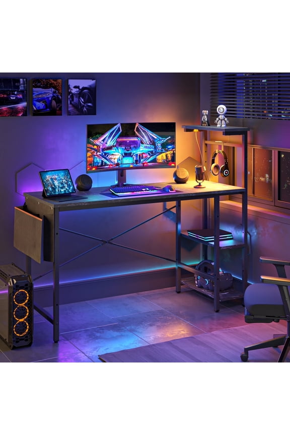 52 inch Gaming Desk with LED Lights & Adjustable Storage Shelves,7 Main Color+22 Dynamic Modes LED Computer Desk,Black Marble Platform