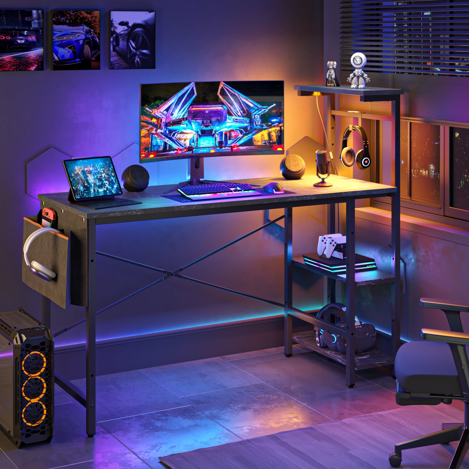Black 52-Inch Wood Gaming Computer Desk with LED Lights and Shelves