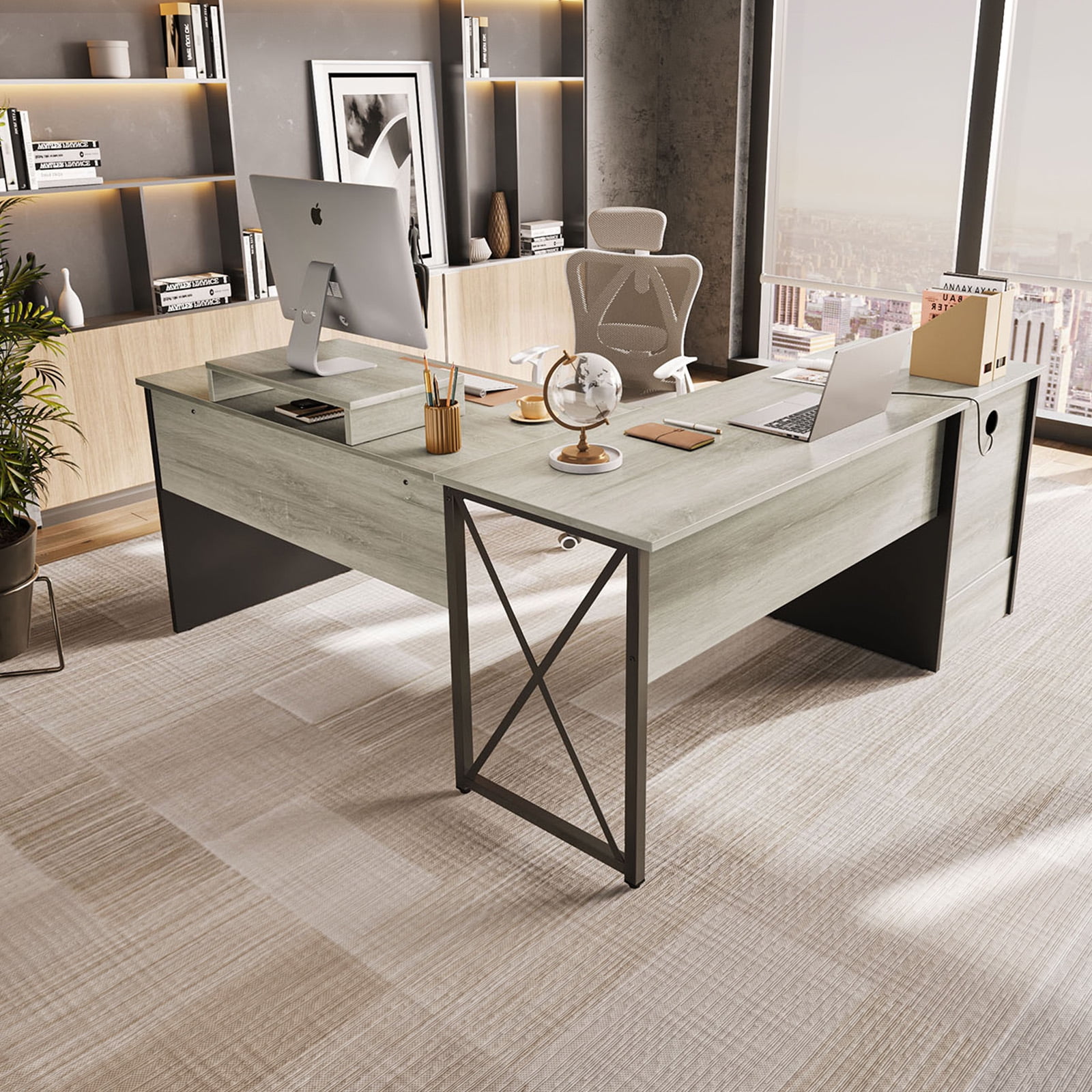 Bestier 55.7 inch LShaped Lift Top Desk with Storage, Sit to Stand