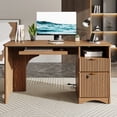 thumbnail image 1 of Bestier 55" Home Office Desk with Smart Fingerprint Cabinet Lock, Writing Computer Desk with Power Outlets, Keyboard Tray and Storage Drawers, Brown, 1 of 11