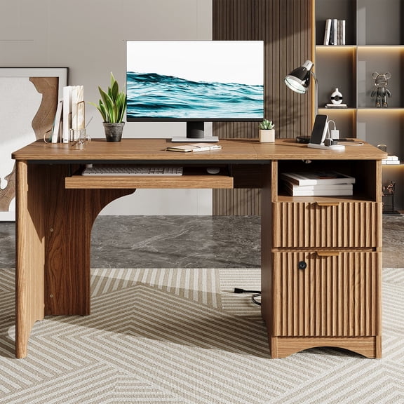 Bestier 55" Home Office Desk with Smart Fingerprint Cabinet Lock, Writing Computer Desk with Power Outlets, Keyboard Tray and Storage Drawers, Brown