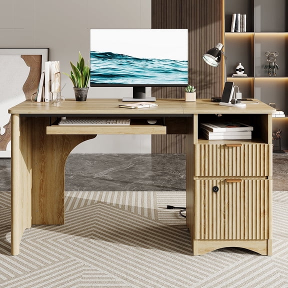 Bestier 55" Home Office Desk with Smart Fingerprint Cabinet Lock, Writing Computer Desk with Power Outlets, Keyboard Tray and Storage Drawers, Log