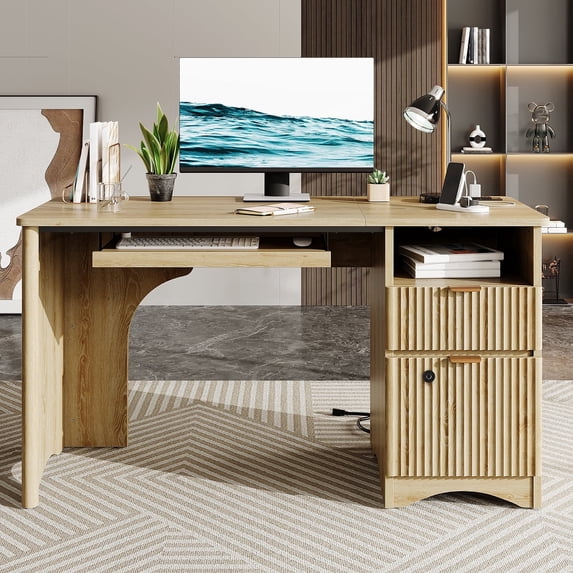 Bestier 55" Home Office Desk with Smart Fingerprint Cabinet Lock, Writing Computer Desk with Power Outlets, Keyboard Tray and Storage Drawers, Log