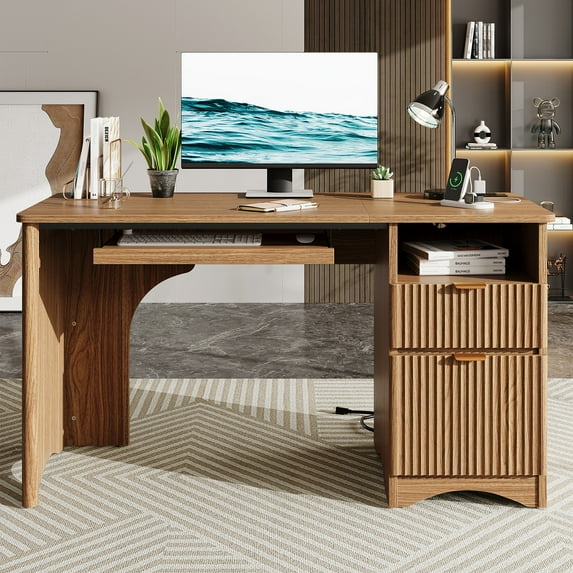 Bestier 55" Computer Writing PC Desk Home Office with Power Outlets Keyboard Tray and Storage Drawers, Brown