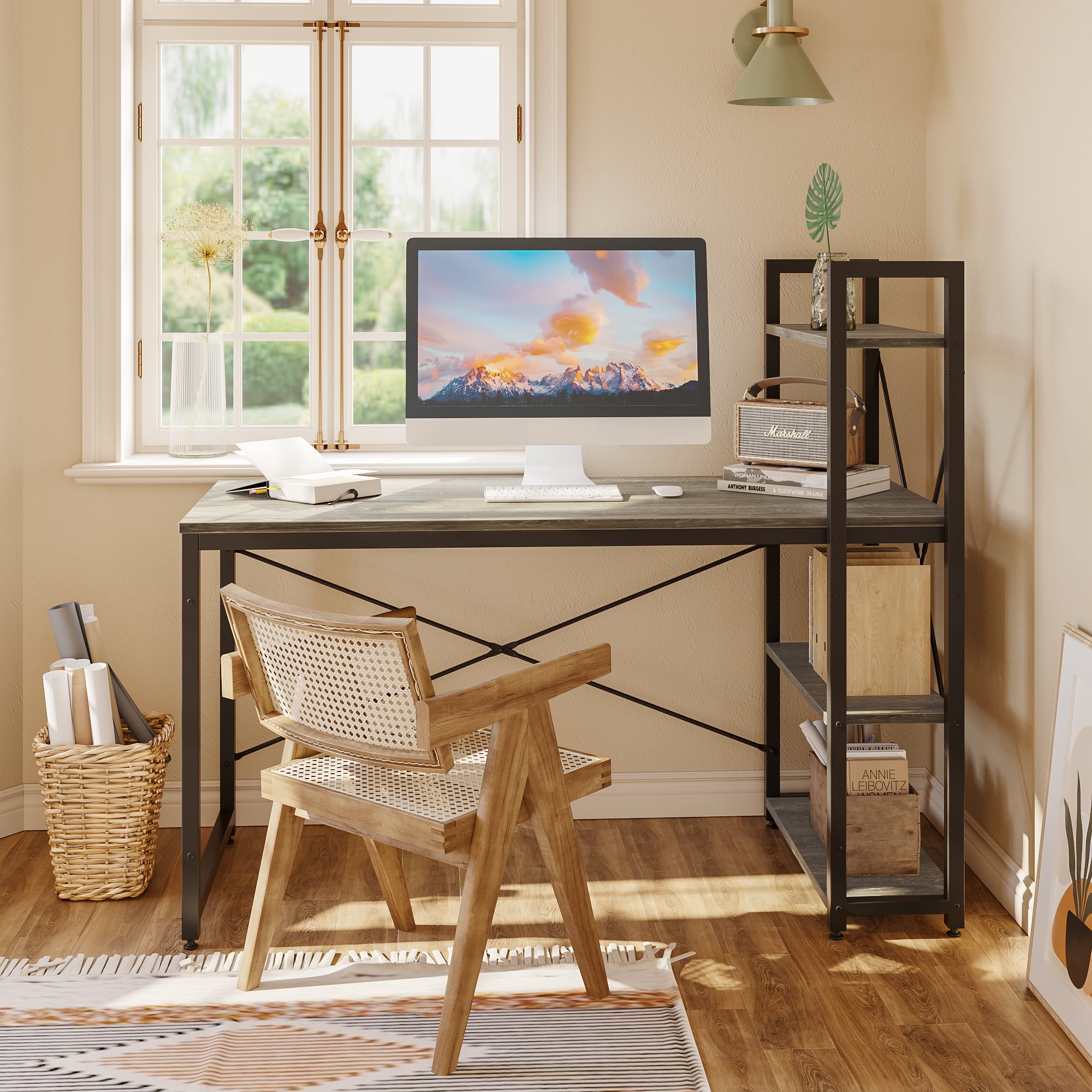 Bestier 55 Computer Desk Adjustable Shelves Metal Legs Reversible Bookshelf Home Office Gray Walmart
