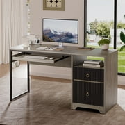 Bestier 55 Inch Office Desk with Drawers, Keyboard Tray, 2 Hooks, Modern Fluted Computer Desk for Home, Grey