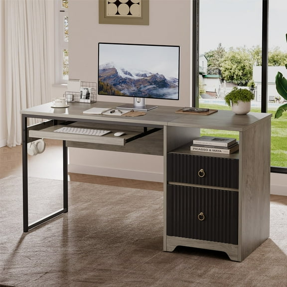 Bestier 55 Inch Office Desk with Drawers, Keyboard Tray, 2 Hooks, Modern Fluted Computer Desk for Home, Grey