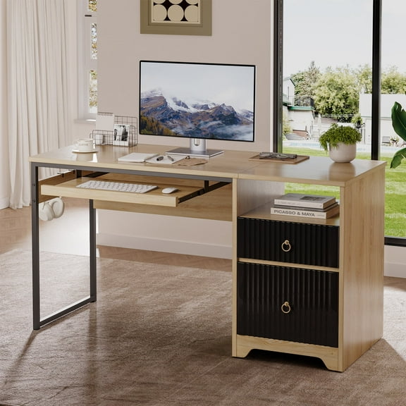 Bestier 55 Inch Office Desk with Drawers, Keyboard Tray, 2 Hooks, Modern Fluted Computer Desk for Home, Natural Oak