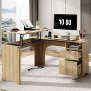 Bestier 55" L-shaped Computer PC Desk Lift Top with Power Outlets Storage Drawers and Monitor Stand, Log