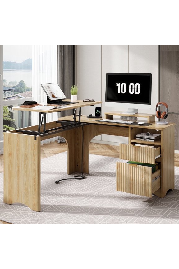 55" L-shaped Computer PC Desk Lift Top with Power Outlets Storage Drawers and Monitor Stand, Log