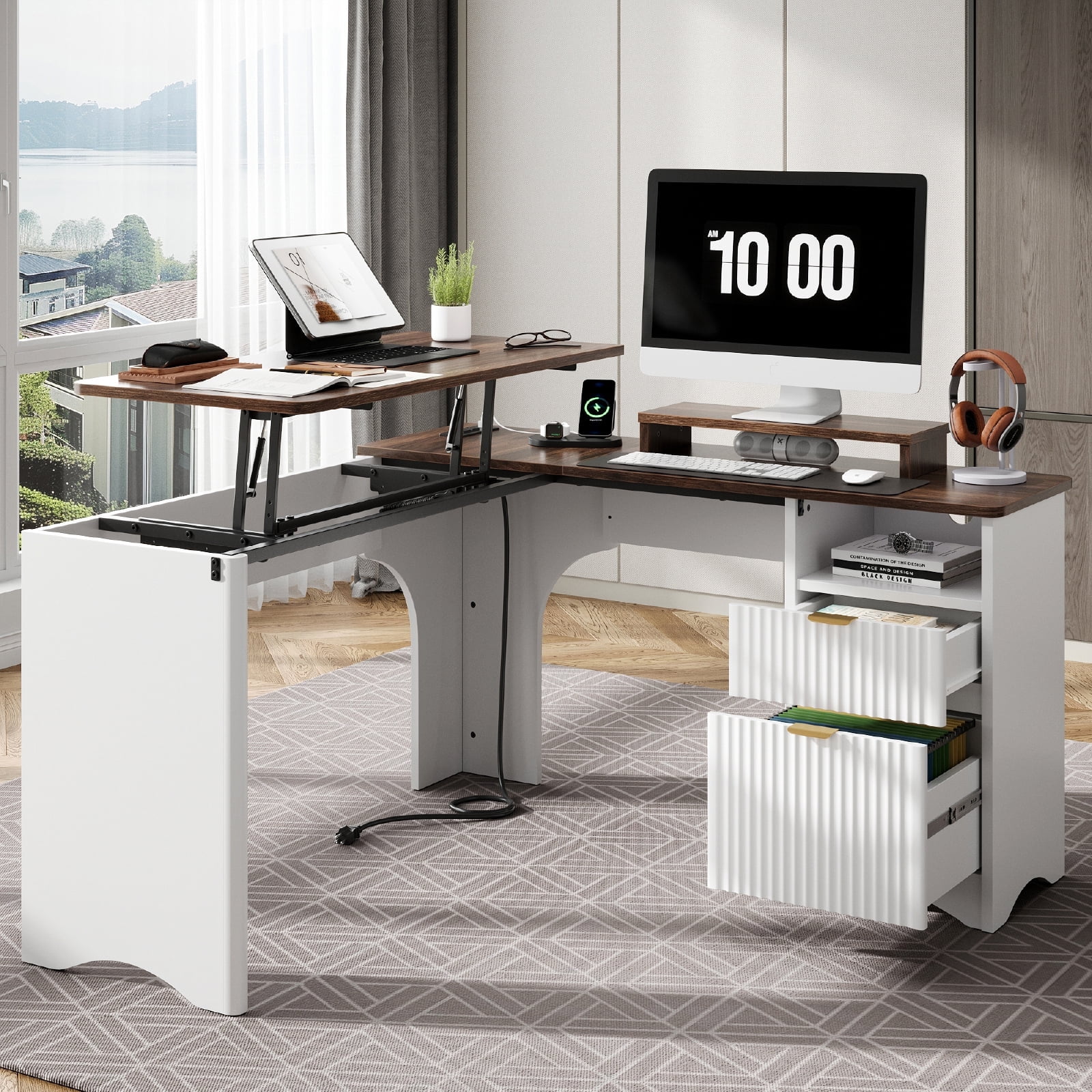 Bestier 55" L-shaped Desk with Lift Top - Walnut and White