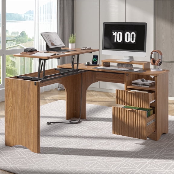Bestier 55" L-shaped Computer PC Desk Lift Top with Power Outlets Storage Drawers and Monitor Stand, Brown