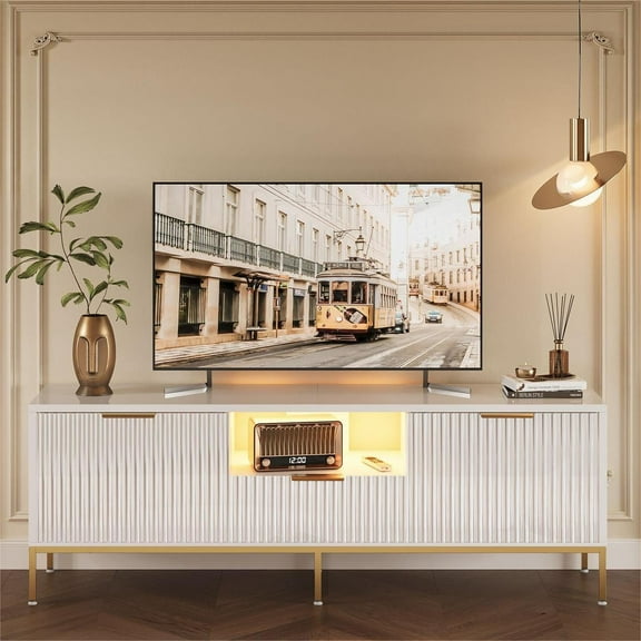 Bestier 55" LED TV Stand for TVs up to 60" Modern High Gloss Entertainment Center with Drawers Cabinets Fluted TV Console, White & Gold