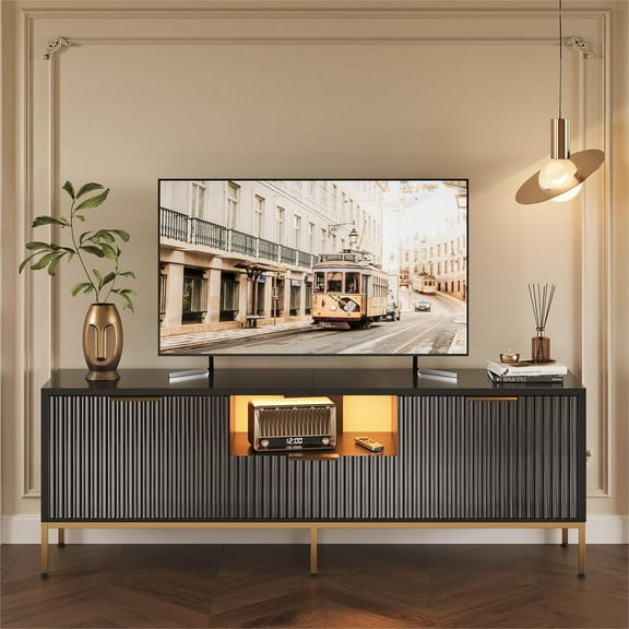 Bestier 55" LED TV Stand for TVs up to 60" Modern High Gloss Entertainment Center with Drawers Fluted TV Console, Black & Gold