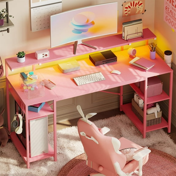 Bestier 55" Pink Gaming Computer Desk with LED Light & Monitor Stand Corner Desk for Home Office, Pink Carbon Fiber