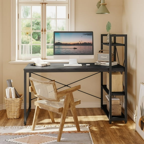 Bestier 55 inch Computer Desk with 4-Tier Shelves Craft Table Writing Study Table, Black