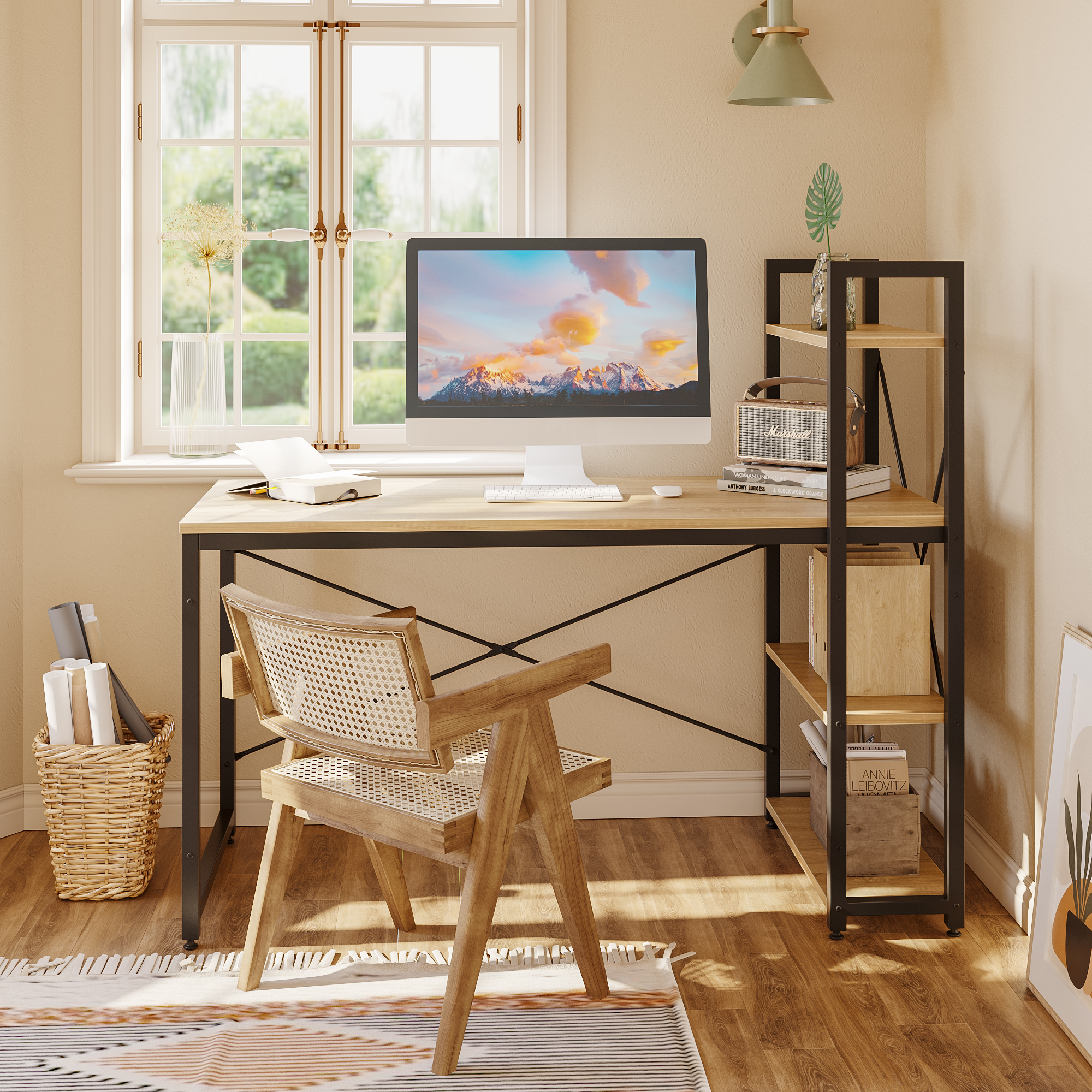 Bestier 55 inch Computer Desk with 4-Tier Shelves Craft Table Writing Study Table, Oak - image 1 of 10