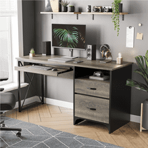 Bestier 55 inch Computer Desk with Drawers & Keyboard Tray & File Cabinet Home Office Desk in Grey