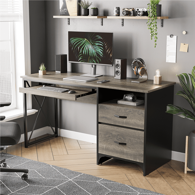 Bestier 55 inch Computer Desk with Drawers & Keyboard Tray & File Cabinet Home Office Desk in Grey