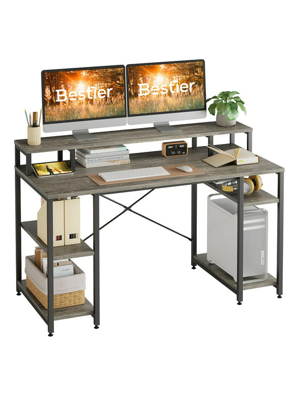 Bestier 55 inch Computer Desk with Monitor Shelf Home Office Desk Grey