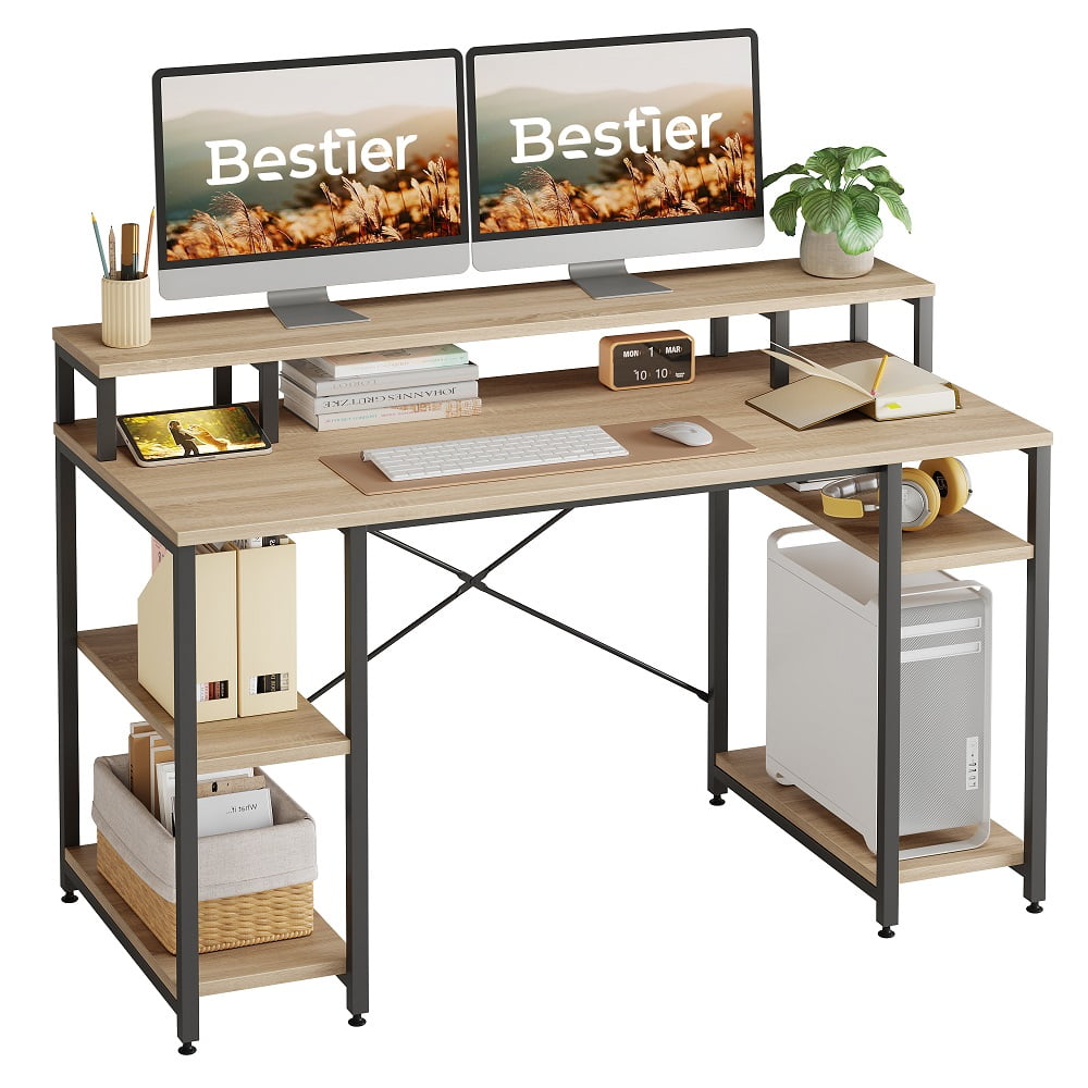 Bestier 55 inch Computer Desk with 4-Tier Shelves Craft Table Writing Study  Table, Oak 