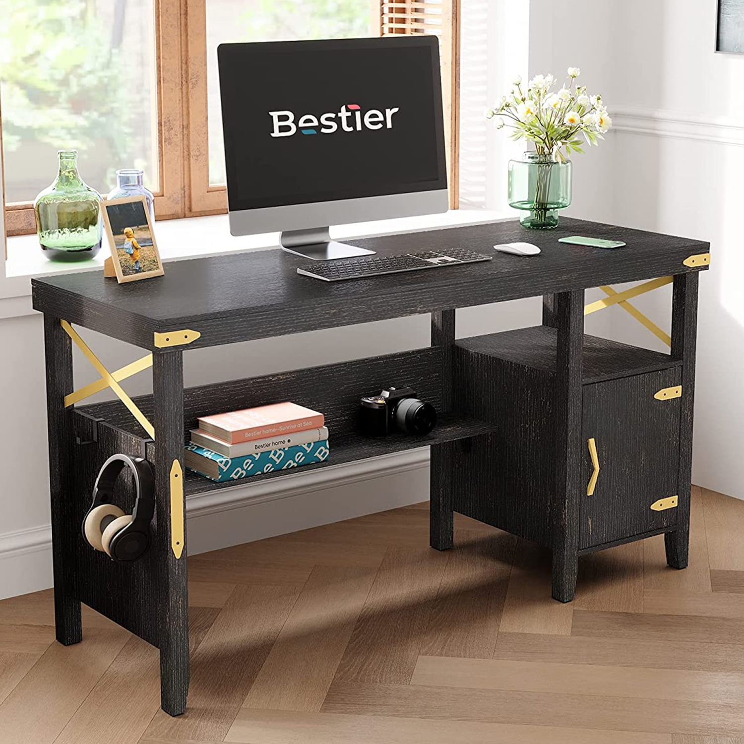 Bestier 55 inch Computer Desk with Storage in Black