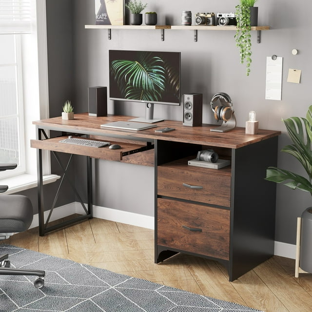 Bestier 55 inch Computer Desk with Storage Drawers & Keyboard Tray & File Drawer Home Office Desk Cherry